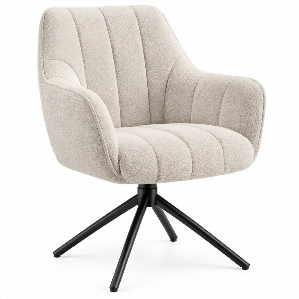 Draaibare eetkamerstoel met armleuningen, beige bouclé polyester en zwart gepoedercoat staal, 62 x 62 x 82 cm