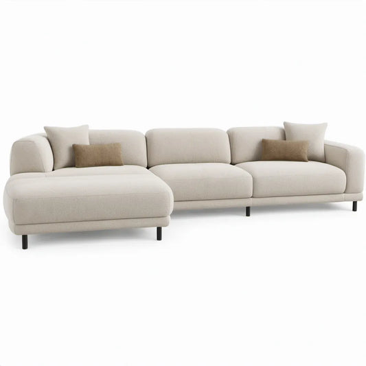 Crèmekleurige L-vormige hoekbank met chaise longue links, 300 x 170 x 72 cm