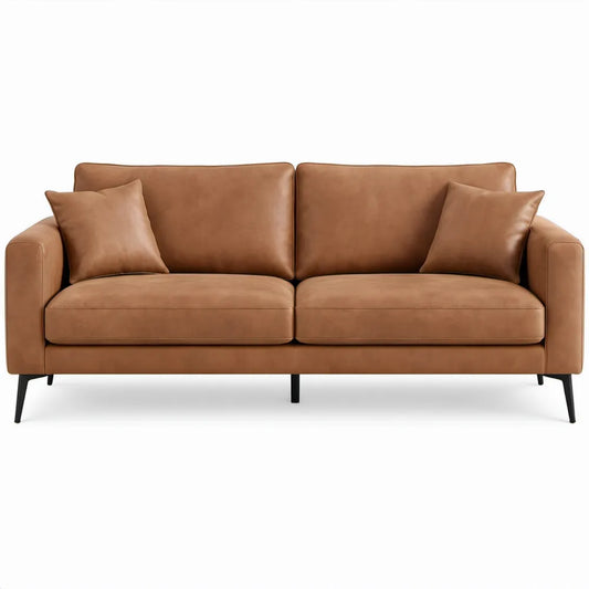 3-zitsbank van cognackleurig PU-kunstleer met zwarte stalen poten, 220 x 90 x 85 cm