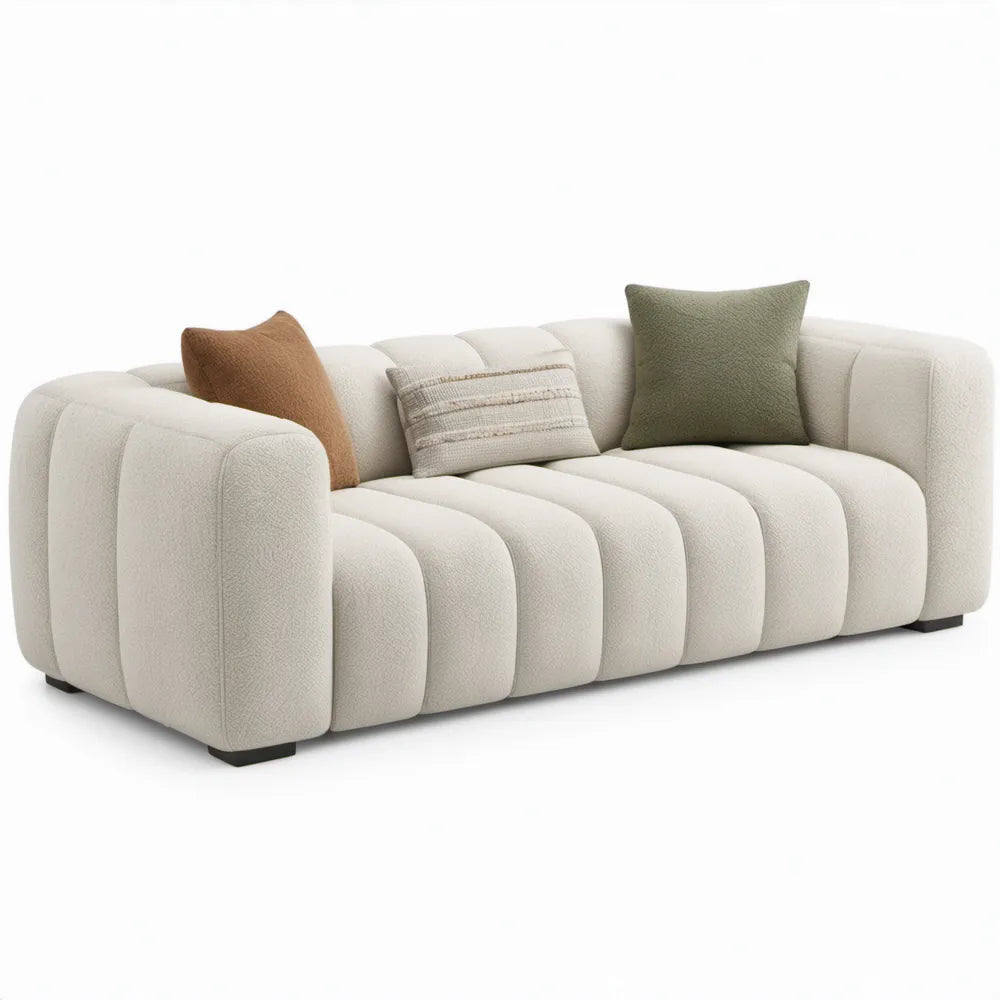 Crèmekleurige bouclé 3-zitsbank met zwarte poten, 230 x 96 x 72 cm