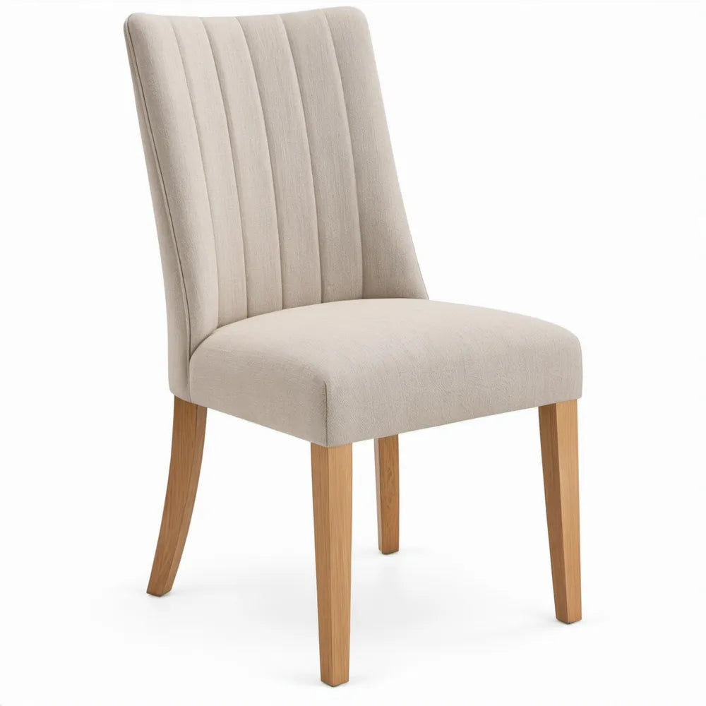 Beige eetkamerstoel met hoge rugleuning, polyester en massief rubberhout, 48 x 61 x 99 cm