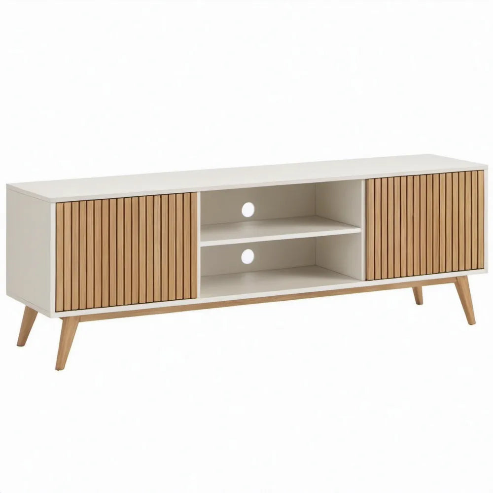 TV-meubel met 2 schuifdeuren en open vakken, 160 x 40 x 55 cm, wit/naturel