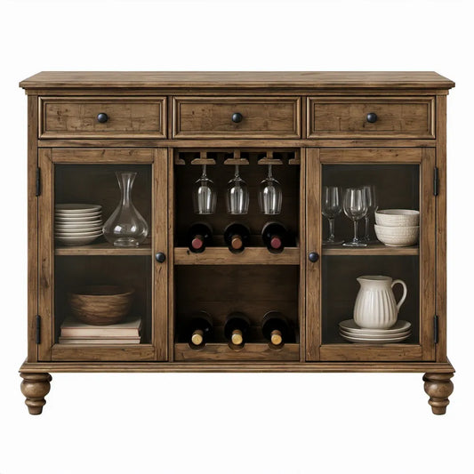 Massief grenenhouten dressoir bruin met zwart beslag, 3 lades, 2 glazen deuren en wijnrek, 132 x 45 x 105 cm