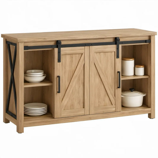Dressoir met 2 schuifdeuren en 4 open vakken, 120 x 40 x 90 cm, naturel eikenkleurig/zwart