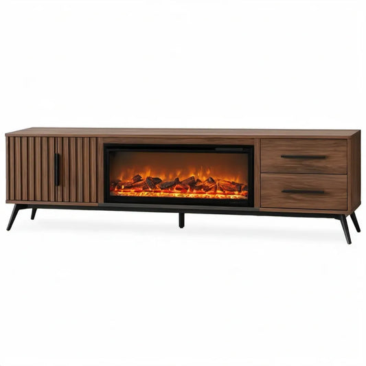 TV-meubel met elektrische sfeerhaard 180 x 40 x 60 cm in walnootbruin en zwart, MDF en staal