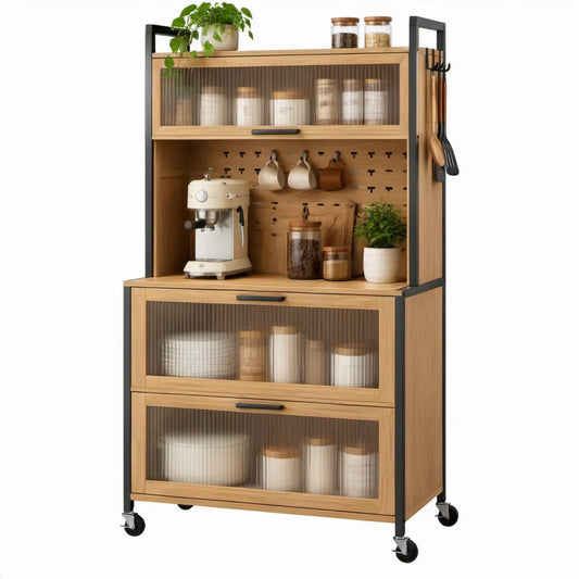 Keukendressoir op wielen 80 x 40 x 180 cm eikenkleurig/zwart met geribbeld glas