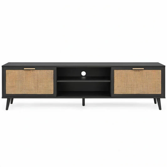 Zwart TV-meubel met rotan deuren en open vakken, 180 x 40 x 55 cm