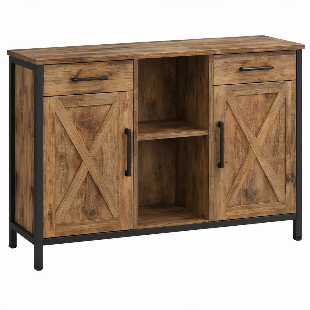 Bruin en zwart dressoir met 2 deuren, 2 lades en open vak, 100 x 40 x 80 cm