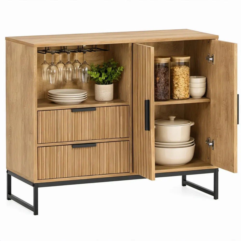 Bamboe opbergkast met wijnrek en 2 deuren, 2 lades – 110 x 40 x 120 cm – Naturel/Zwart