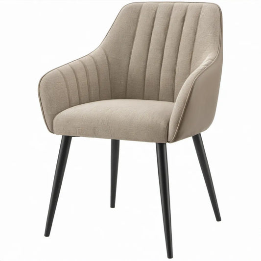 Eetkamerstoel met armleuningen, beige polyester en zwarte stalen poten, 58 x 60 x 83 cm
