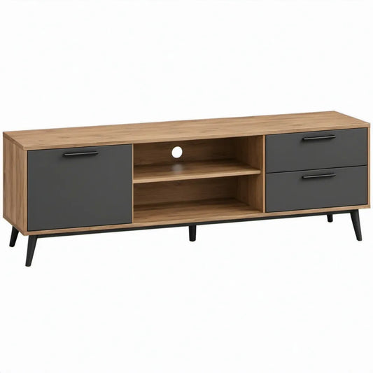 TV-meubel 160 x 40 x 50 cm met 2 lades, kastdeur en open vakken - Bruin/Antraciet/Zwart