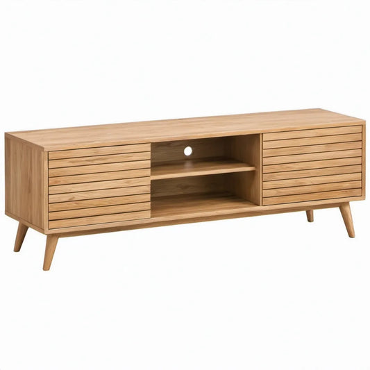 TV-meubel van massief eikenhout met 2 deuren en open vakken, 160 x 40 x 55 cm, Naturel eiken