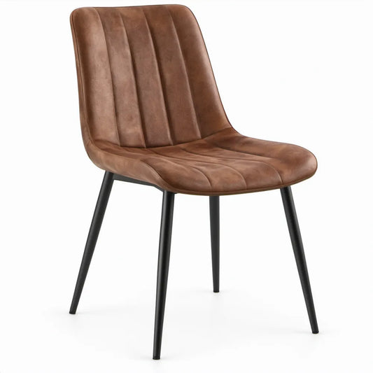 Eetkamerstoel met bruine PU-leren bekleding en zwarte stalen poten, 48 x 60 x 85 cm