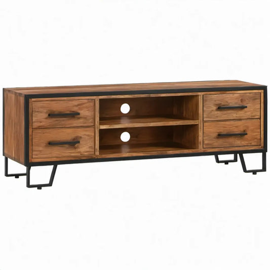 Industrieel tv-meubel van massief mangohout en staal met 4 laden en 2 open vakken, 140 x 30 x 45 cm, Bruin/Zwart