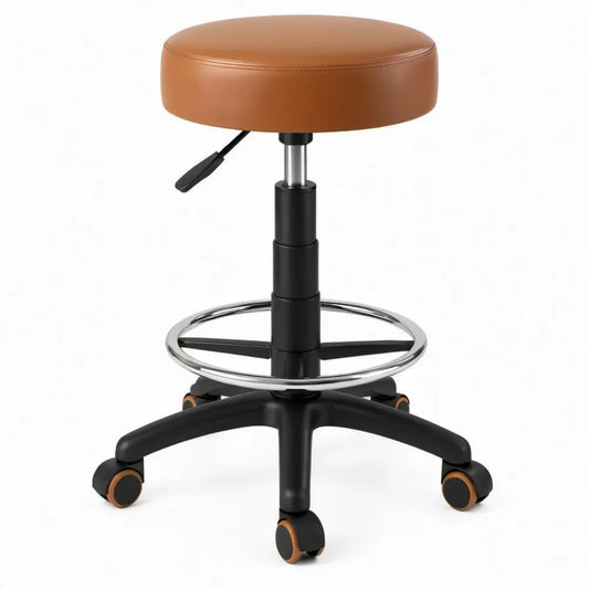 In hoogte verstelbare ronde kruk met wielen, cognacbruin/zwart/chroomkleurig, Ø 35 cm, hoogte 52-67 cm