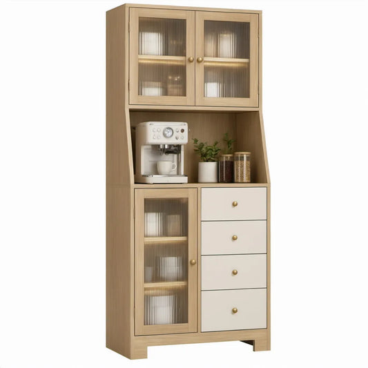 Servieskast met koffiehoek, 80 x 40 x 180 cm, eikenkleur en crèmewit, met geribbeld glas