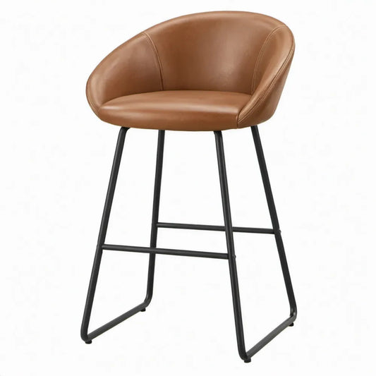 Cognacbruine barkruk met rugleuning, zwart stalen frame, 54 x 55 x 100 cm, zithoogte 75 cm