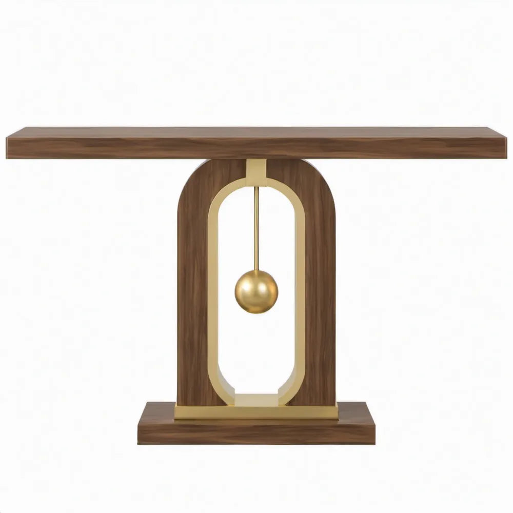 Consoletafel 120 x 35 x 80 cm in walnootbruin en goudkleurig staal met boogvormige basis