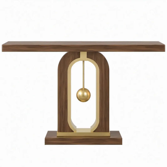 Consoletafel 120 x 35 x 80 cm in walnootbruin en goudkleurig staal met boogvormige basis