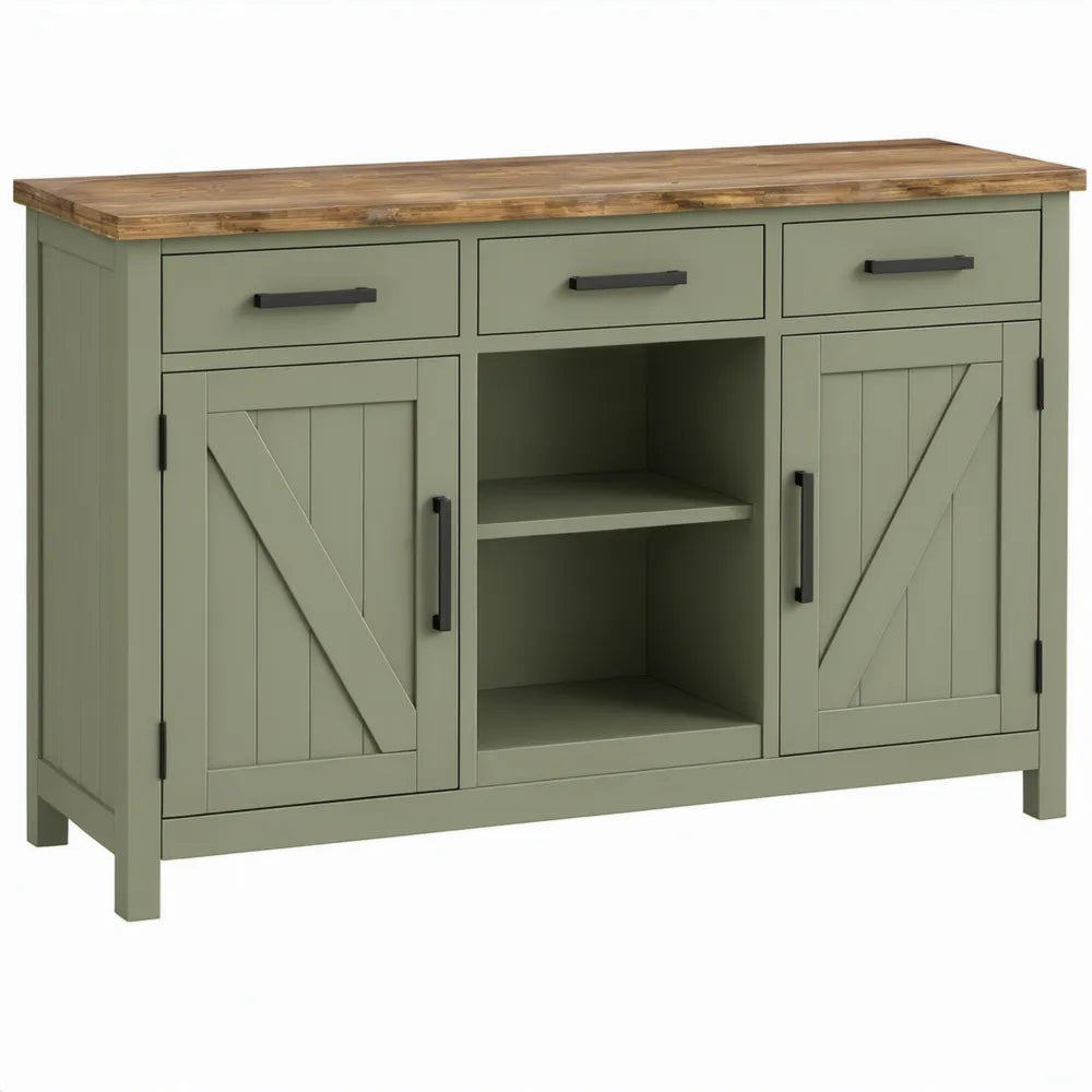 Dressoir met 2 deuren, 3 lades en open vakken – 120 x 40 x 85 cm – Saliegroen/Naturel/Zwart