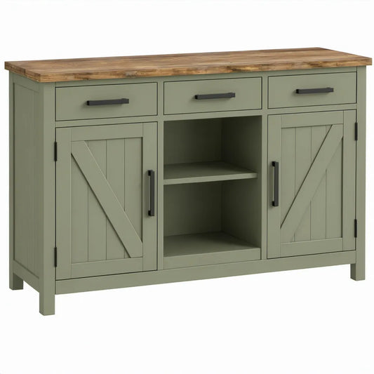 Dressoir met 2 deuren, 3 lades en open vakken – 120 x 40 x 85 cm – Saliegroen/Naturel/Zwart