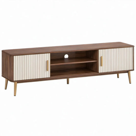 TV-meubel met 2 schuifdeuren en open vakken, 180 x 40 x 55 cm, walnootbruin/wit/goudkleurig